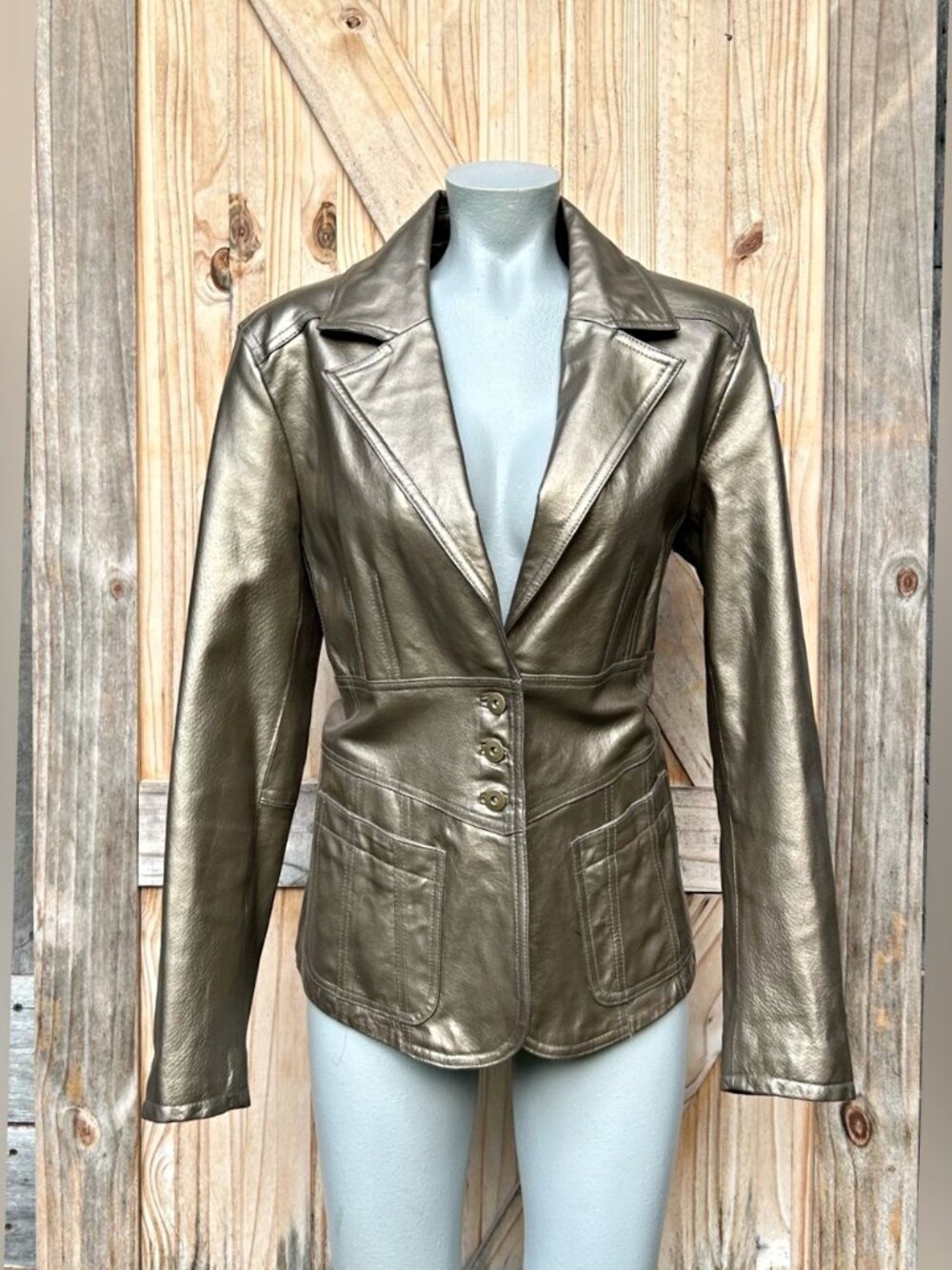 Vintage Gallery Metallic Gold Leather Fitted Blazer Style Jacket~L~